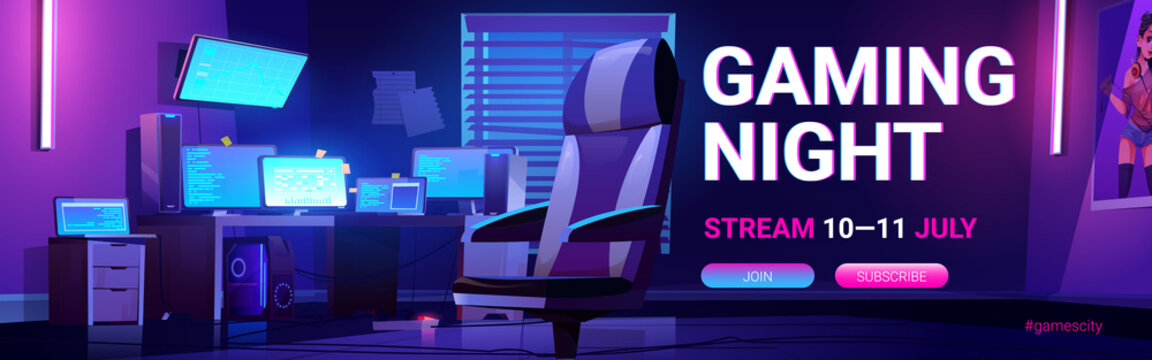 Gaming night stream cartoon web banner with teenager gamer room night interior with multiple computer monitors glowing in darkness and armchair, promotional ad, vector illustration, landing page