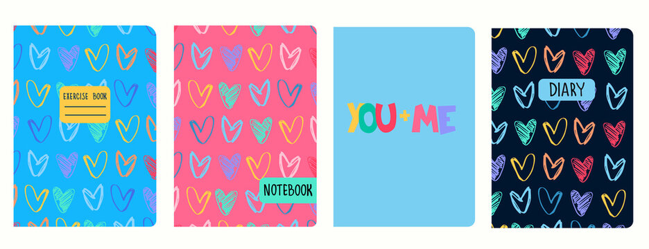 Cover page templates with hand drawn heart shapes, felt-tip pen effect. You Plus Me lettering. Based on seamless patterns. Headers isolated and replaceable. For school notebooks, notepads, diaries
