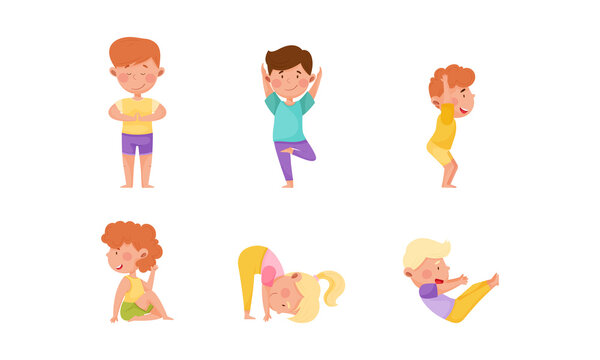 Little Boy and Girl Standing in Yoga Pose Breathing Deeply Vector Illustration Set
