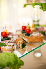 Empty glasses set, Elegant table setting for a festive dinner in the restaurant. Snacks on the buffet table