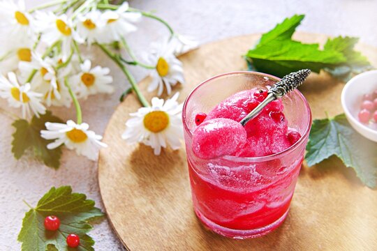 Summer dessert, fruit ice or frozen sorbet or granite from red currant puree and sugar syrup in a glass on a light concrete background.