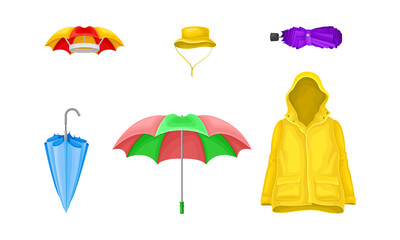 Waterproof Clothes and Things for Rainy Weather Condition with Yellow Raincoat and Umbrella Vector Set