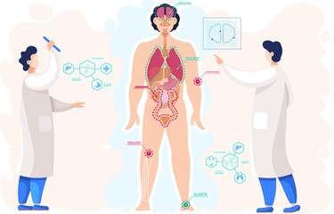 Examining body of patient. Detailed information on organs functioning. Anatomical structure of human body. Scientists in lab coats study structure of organs. People doing research vector illustration