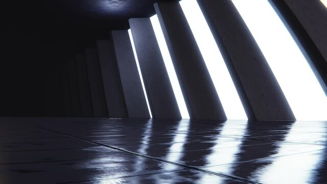 Abstract studio glow cement asphalt concrete grunge background. Huge big darkblack garage. Tunnel corridor with  white windows light. Minimal backdrop. 4K 3D loop animation