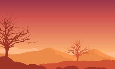 A warm afternoon with views of the silhouette of the mountains at sundown. Vector illustration
