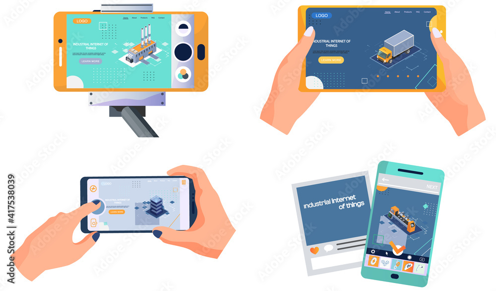 Poster human hand holding phone with web page about modern technologies attributes of technological progres
