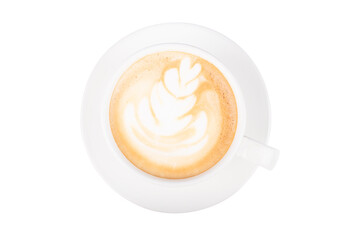 Top view. Hot coffee latte art on cup isolated white background.