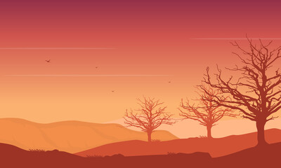 Fototapeta na wymiar Amazing orange sky color at dusk with beautiful natural scenery in the evening. Vector illustration