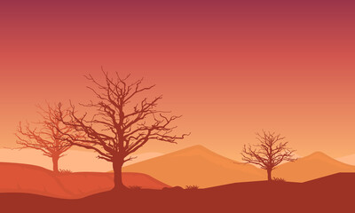 Warm rural atmosphere with beautiful natural scenery at dusk. Vector illustration