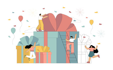 Online reward concept. People rejoice in receiving gift boxes. Victory. Solution to the problem. Vector flat illustration isolated on white background