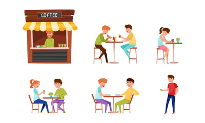 People Characters Sitting at Cafe Table Drinking Coffee and Eating Street Food Vector Illustration Set