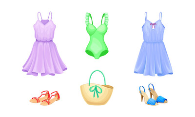 Summer Clothing with Light Dress Having Flared Skirt, Open Toe Shoes and Swimsuit Vector Set