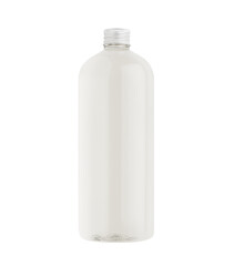 Transparent plastic tall bottle with water, silver cap mockup, isolated. Template for portfolio, design, branding identity.