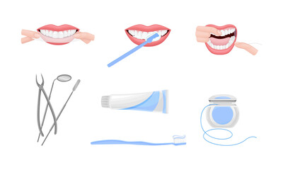 Oral Hygiene with Toothbrush and Toothpaste for Teeth Brushing Procedure Vector Set