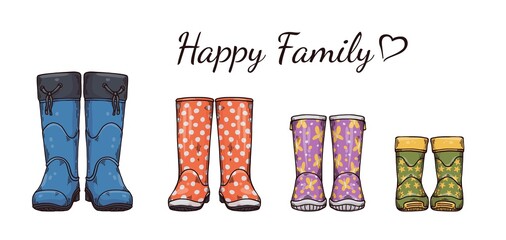 Family card with gumboots of children and parents, sketch vector illustration.