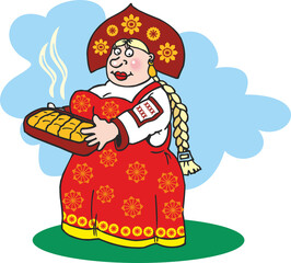 Woman in traditional national Russian dress, sarafan and kokoshnik, isolated on white background. A woman is holding freshly baked hot bread. Flat infographics. Vector illustration in cartoon style.