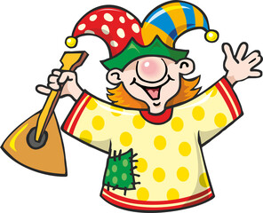 Cheerful buffoon jester holding a balalaika isolated on a white background. Shrovetide and funny symbol. Flat infographics. Vector illustration in cartoon style.