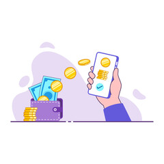 Contactless mobile payment concept. Money transfer from wallet to mobile. Saving money. Hand holding mobile transferring money. Cash, coin, bill, credit card, wallet. Flat vector illustration.