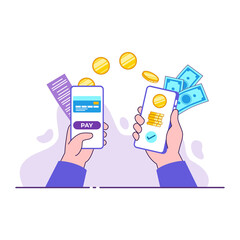 Mobile online payment. Contactless payment concept. Money transfer mobile banking. Hand holding mobile transferring money. Cash, coin, bill, credit card. Flat vector illustration.