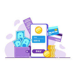 Mobile online payment. Mobile banking concept. Contactless payment. Mobile phone with credit card on screen. Cash, coin, bill, credit card. Flat vector illustration.