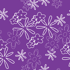 Vector purple background white outlines daisy chamomile flowers pattern, seamless pattern background.