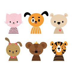 Cute cartoon animals for invitation, postcard, nursery, poster, t-shirt. Hand drawn characters of tiger, cat, dog, rabbit, bear and mouse
