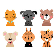Cute cartoon animals for invitation, poster, postcard, nursery, t-shirt. Hand drawn characters of tiger, cat, dog, rabbit, bear and mouse