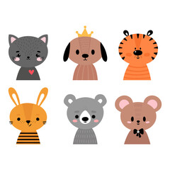 Cute cartoon animals for postcard, nursery, poster, t-shirt, invitation. Hand drawn characters of tiger, cat, dog, rabbit, bear and mouse
