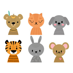 Cute cartoon animals for postcard, nursery, t-shirt, poster, invitation. Hand drawn characters of tiger, cat, dog, rabbit, bear and mouse