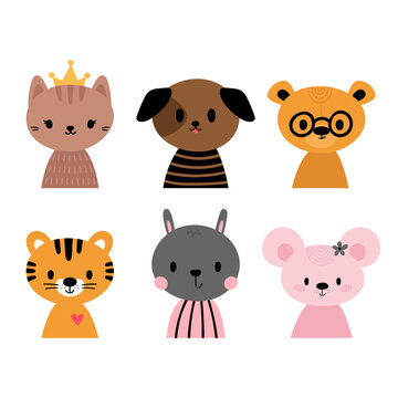Cute cartoon animals for invitations, postcards, nursery, poster, t-shirt. Hand drawn characters of tiger, cat, dog, rabbit, bear and mouse