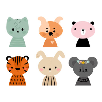 Cute cartoon animals for postcard, invitation, nursery, poster, t-shirt. Hand drawn characters of tiger, cat, dog, rabbit, bear and mouse