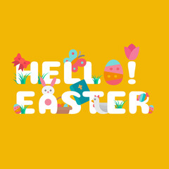 Easter typography design concept decorated with icon and elements. Flat design style vector illustration.