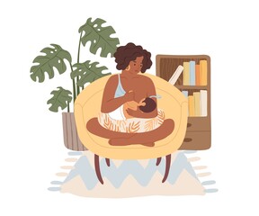 Dark skinned mom breastfeeding her newborn baby. Mother sitting in armchair with child, who suckling breast. Woman feeding infant with breastmilk. Flat vector illustration isolated on white background