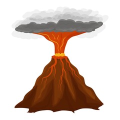 Volcano eruption in cartoon style isolated on white background stock vector illustration. Active mountain, explosion with lava and smoke. Element, boulder.