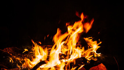 Night close up of chichen stake coocing on burning branch over fire in fireplace