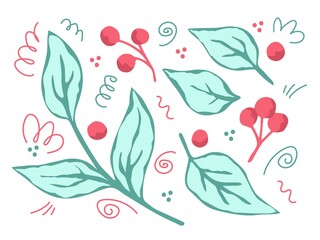 Botanical set of gentle blue leaves, twigs, red berries, curls, doodles. Forest, garden plants, element of nature, flora. To create a pattern, design products.