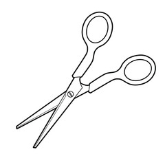 Open scissors in outline on a white background.  Vector illustration. Coloring page