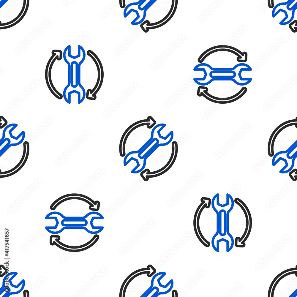 Poster line wrench spanner and arrows as workflow icon isolated seamless pattern on white background. adjus