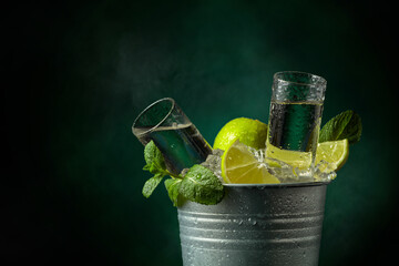 Strong alcoholic drink with lime and mint in a metal bucket with ice.