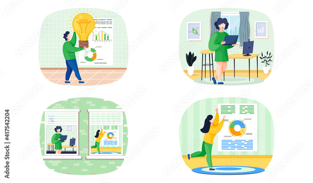 Poster data analysis, analytics set of four scenes with business research concept and analysis of statistic