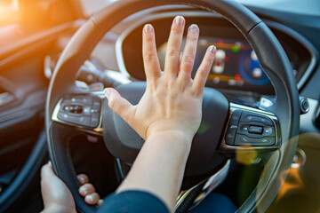 hand presses the horn on the steering wheel of a modern car, no face