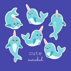 Kawaii narwhal sticker collection, cute baby whale set. Hand drawn ocean animals with pink horn bundle, pastel color, modern trendy vector illustration, flat cartoon style, isolated on blue background © Alice