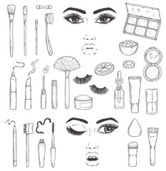 Fashion cosmetic tools for female glamour makeup a set of vector illustrations