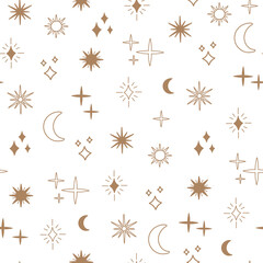 Boho astrology and star seamless pattern, magic celestial night concept, moon and sun objects, bohemian symbols. Gold line art, modern trendy vector illustration in doodle flat style, white background