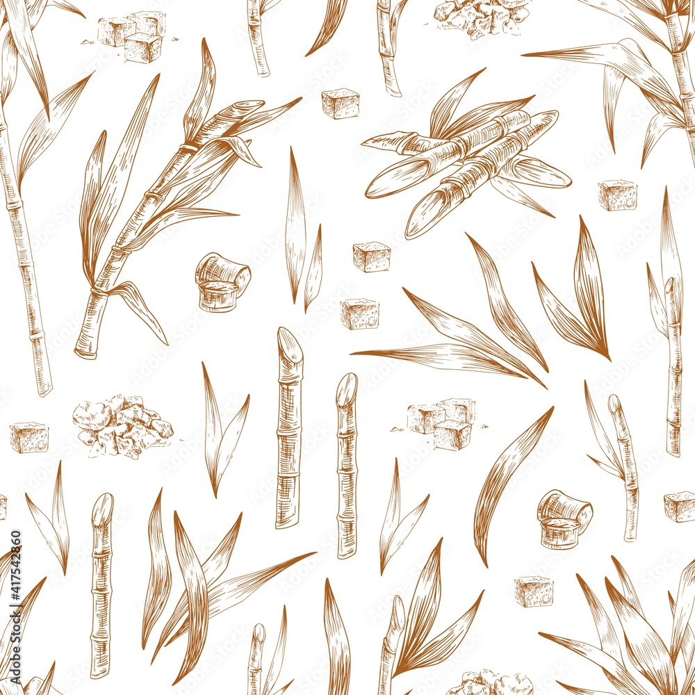 Poster seamless pattern with heaps and loaves of brown sugar, cane leaves and branches. endless repeatable 