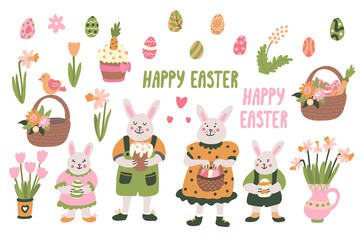 Easter vector set. Smiling rabbit family with cakes, basket with eggs, spring flowers. Hand drawn cartoon illustration and lettering isolated on white. Great for Easter design, posters, greeting cards