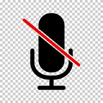 Microphone crossed out icon. Vector illustration.Microphone button disabled.Do not speak.No Recording sign.Black microphone clossed out red line isolated on transparent background.