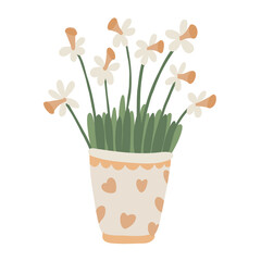 Nice narcissus flowers are in a pot decorated with hearts. Vector hand drawn illustration isolated on white. Flat style. Great for spring, gardening and Easter design.