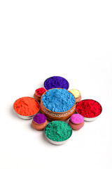 Indian festival Holi , Multi color's bowl on white background