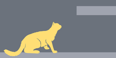 Cat furtively looking up, silhouette side view, Business card, poster, banner template in gray and yellow trendy colors. Vector illustration with space for text
